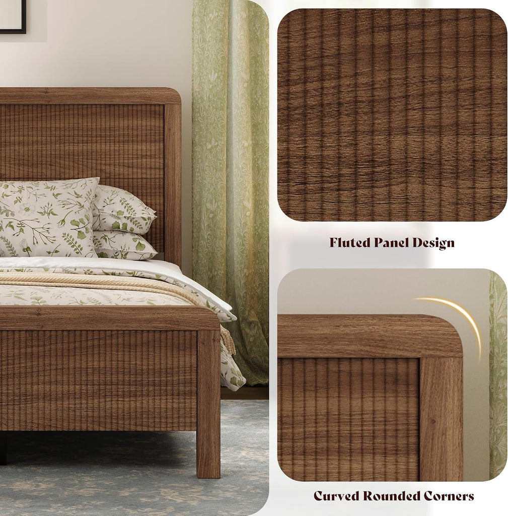 Wood Full Bed Frame with Headboard & Footboard, Modern Fluted Wooden Platform Bedframe with Rounded Safety Edges