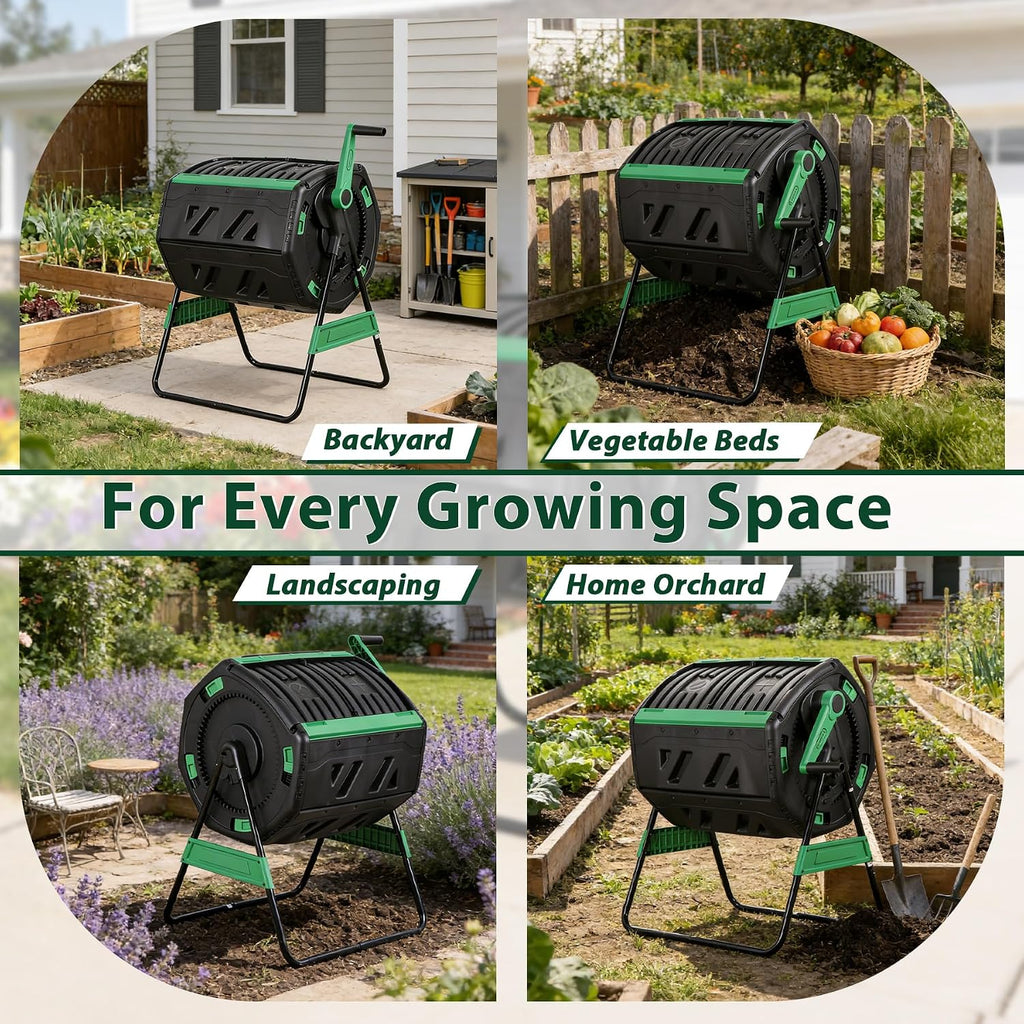 53 Gal Dual Chamber Compost Tumbler Outdoor - BPA-Free Rotating Composter with 8 Adjustable Vents, 2 Sliding Doors &