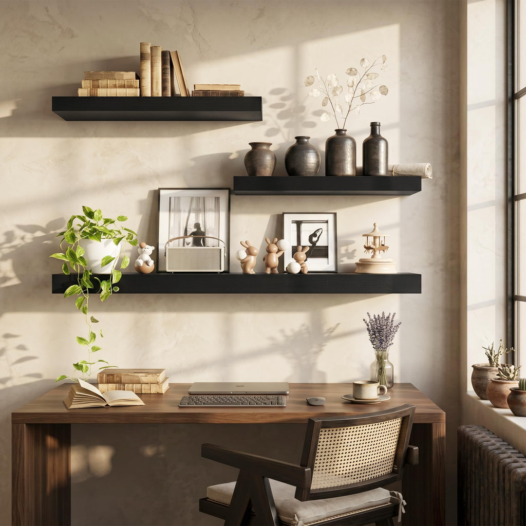 12 Inch Deep Floating Shelves, 12'' x 12'' Black Shelves Set of 2