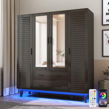 4 Door Armoire Wardrobe Closet Cabinet with Drawers and LED Lights, Multi-Tier Shelves, Hanging Rod & 4 Louver Doors