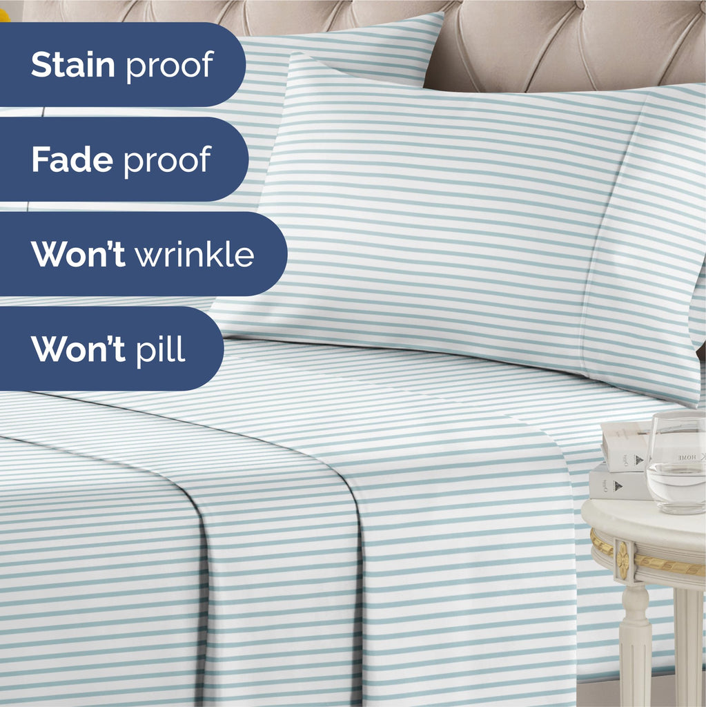 Queen 4 Piece Striped Sheet Set - Soft, Breathable & Cooling - Ocean Stripe