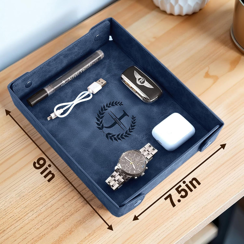 Engraved Leather Valet Tray for Men - Personalized Catchall with Custom Name for Desk, Dresser, Nightstand - Men's