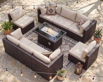 9 Piece Patio Furniture Conversation Set, Extra Large Size Outdoor Rattan Sectionals with Fire Pit Table Natural Gas