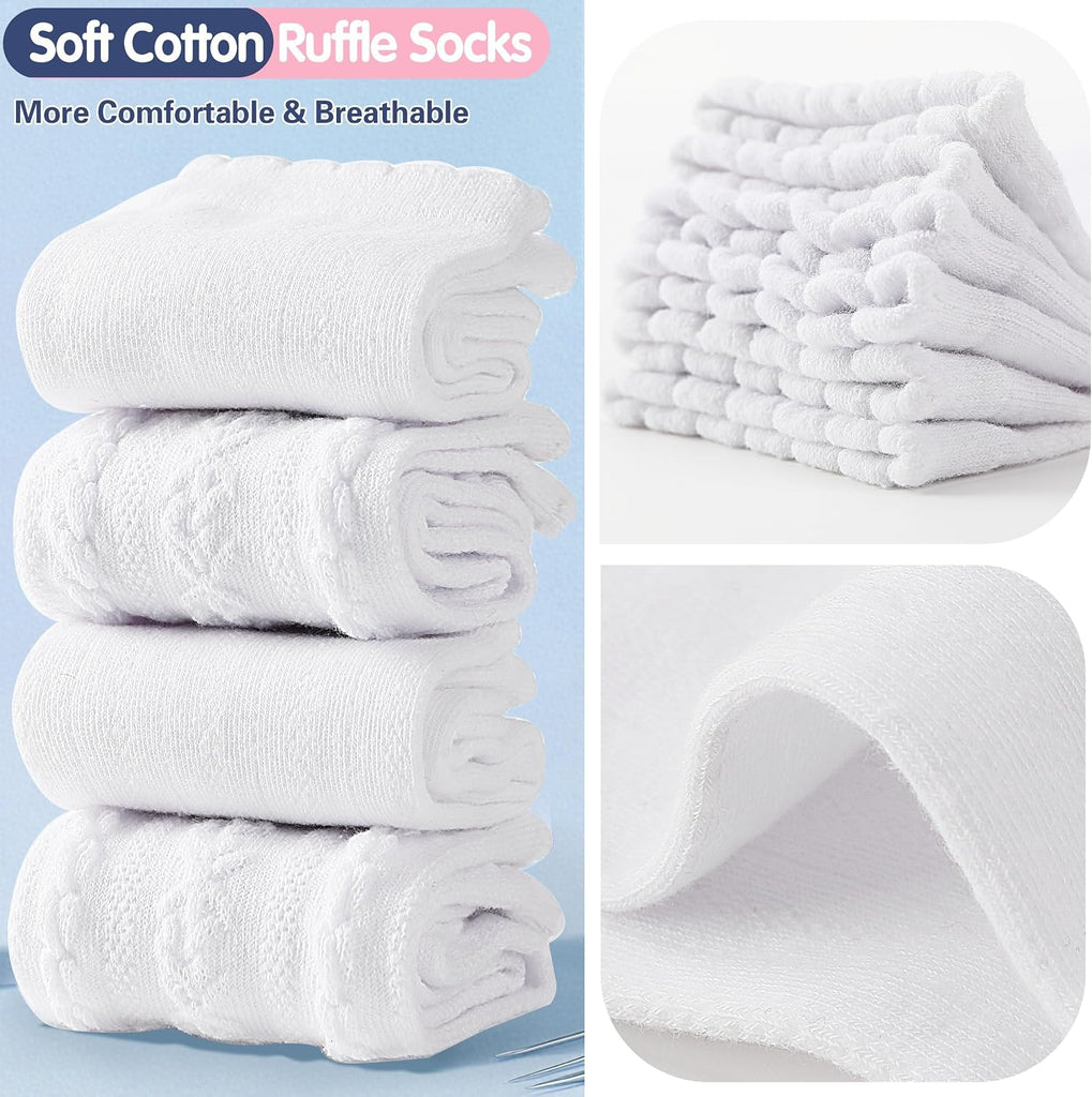 Girls Kids Ruffle Socks Uniform School Dress Crew Cotton Textured Breathable Socks 6 Pairs