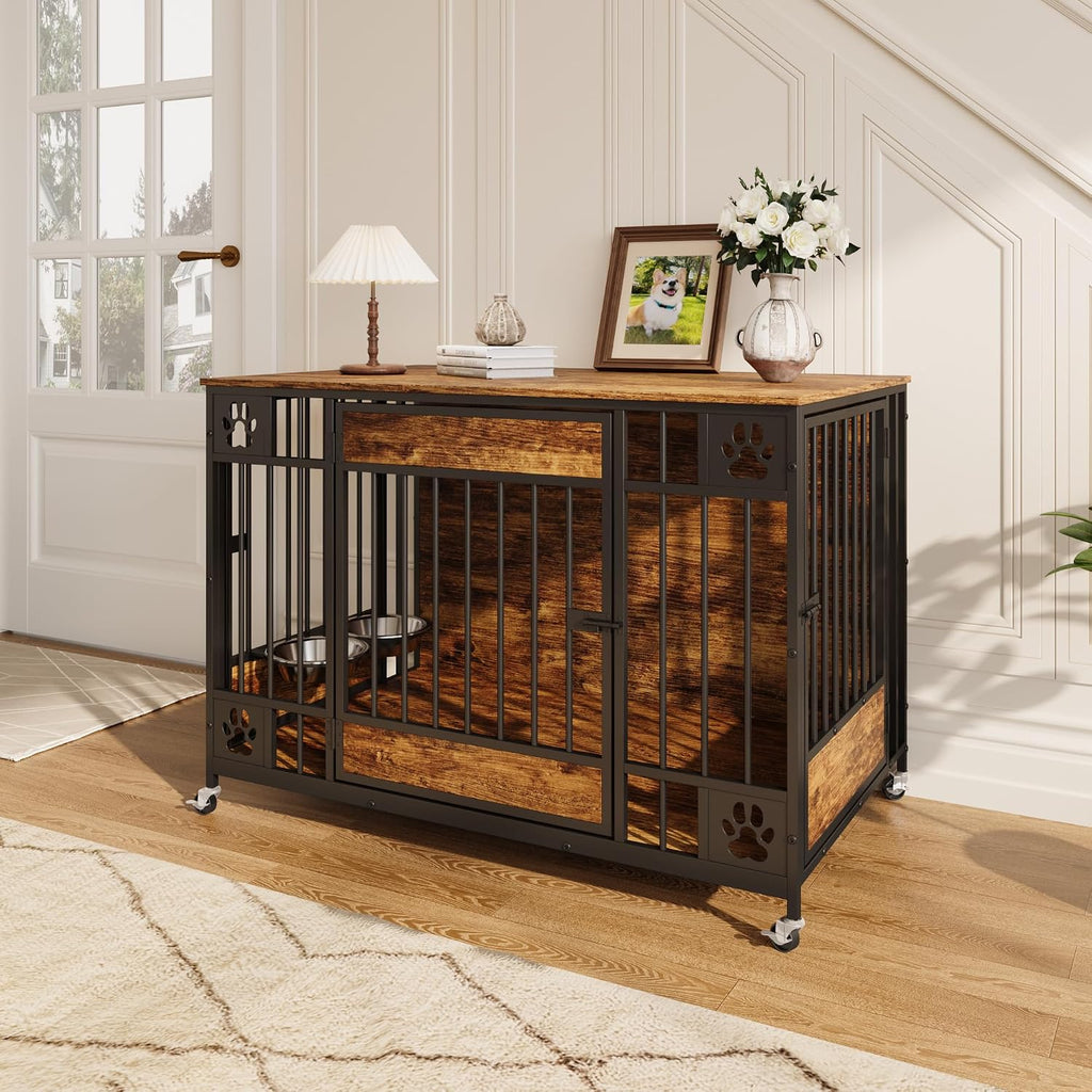 Dog Crate Furniture, Indoor Dog Kennel with Triple Doors, Brown