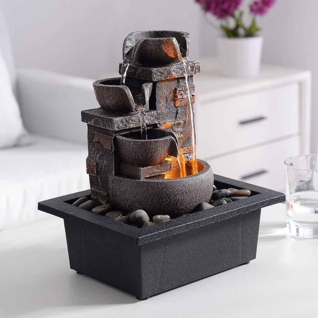 Décor Desktop Fountain - 10" 4-Tier Design with Imitation Stone, Indoor Waterfall Tabletop River Rocks & Resin