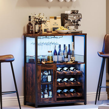 Wine Bar Rack Cabinet with LED Lights, Small Coffee Bar Cabinet | 36" Tall Liquor Bar Cabinet Kitchen Dinning Room