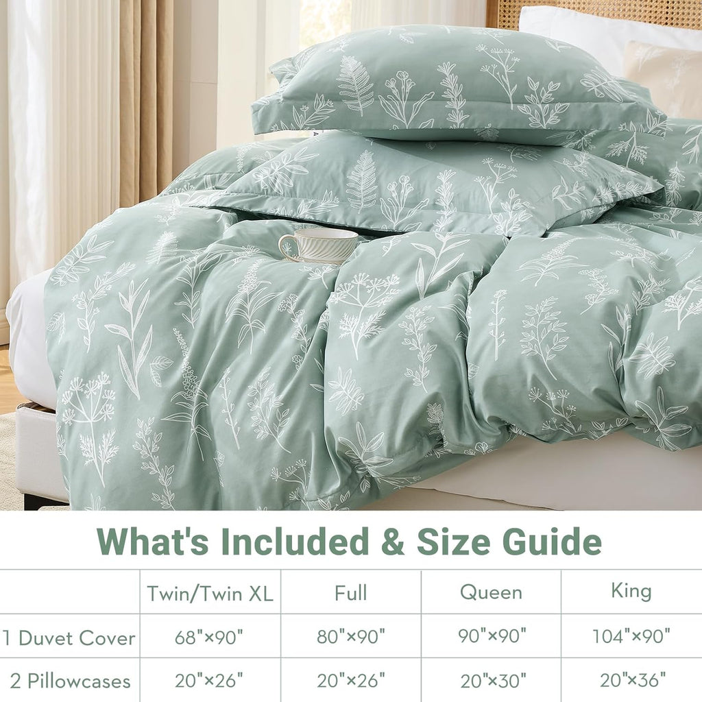 Duvet Cover King, Reversible Floral Green Duvet Cover Set with Zipper Closure, 3 Pieces Botanical Patterns Soft