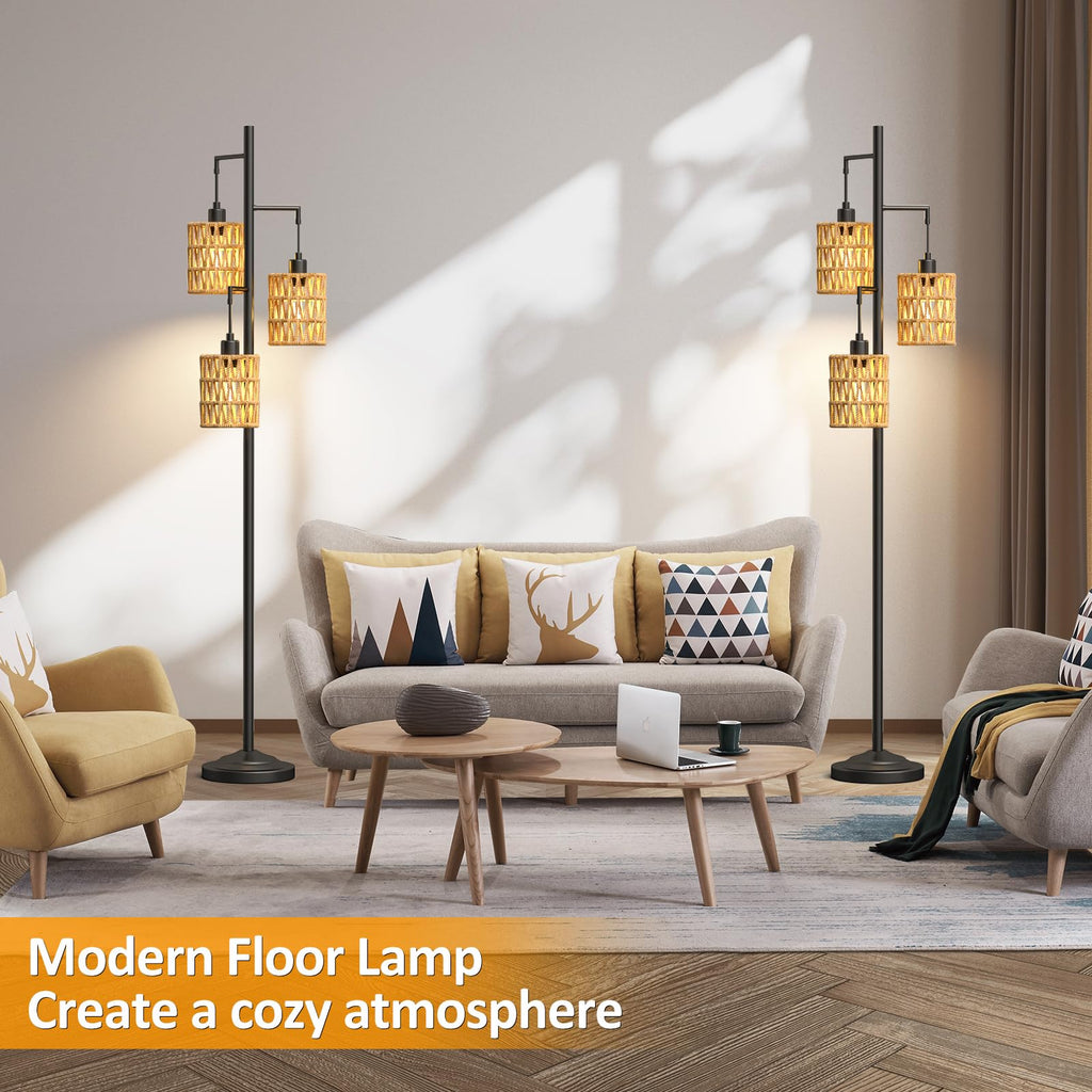3 Lights Rattan Floor Lamps with ON/Off Foot Switch Tree Standing Lamp with Wood Rattan Lampshades Boho Floor Lamp
