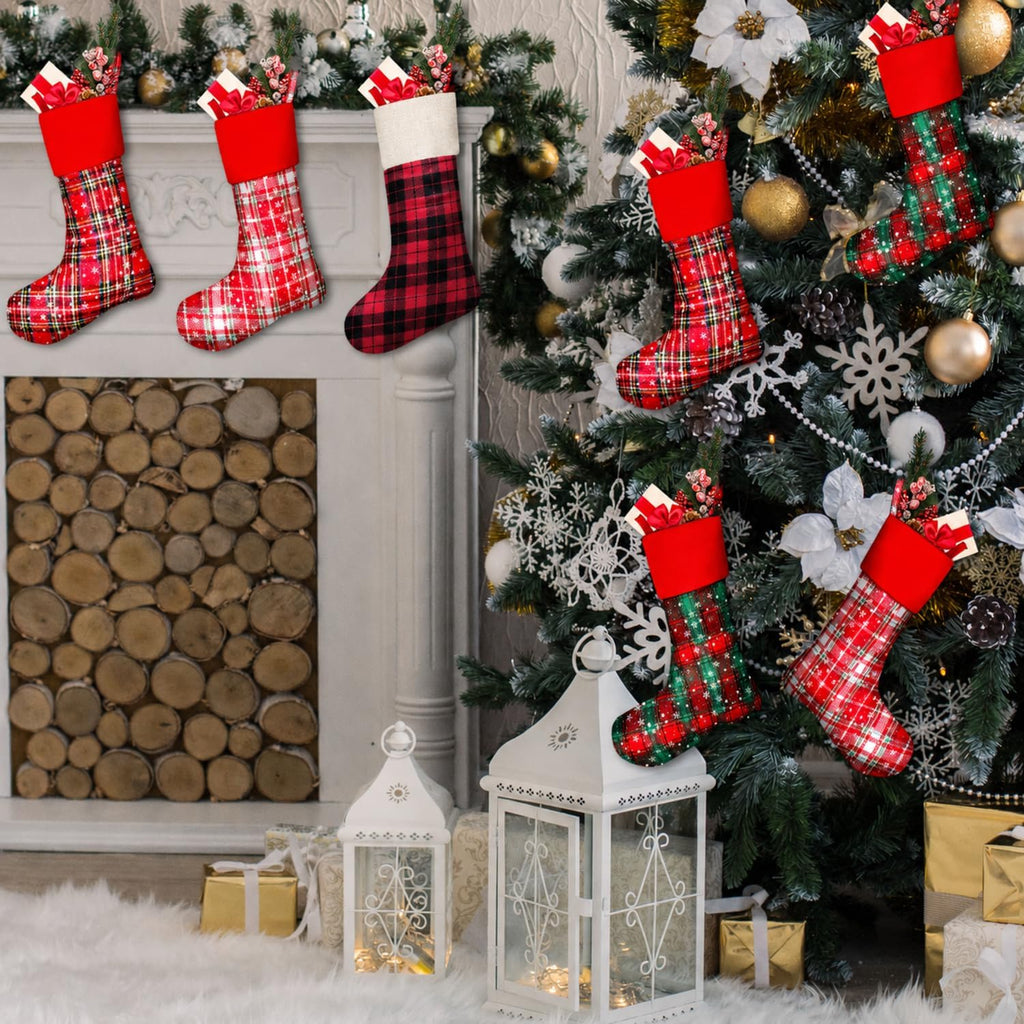 4 Pack Buffalo Plaid Christmas Stocking, 20 Inch Large Burlap Snowflake Christmas Stockings, Fireplace Hanging