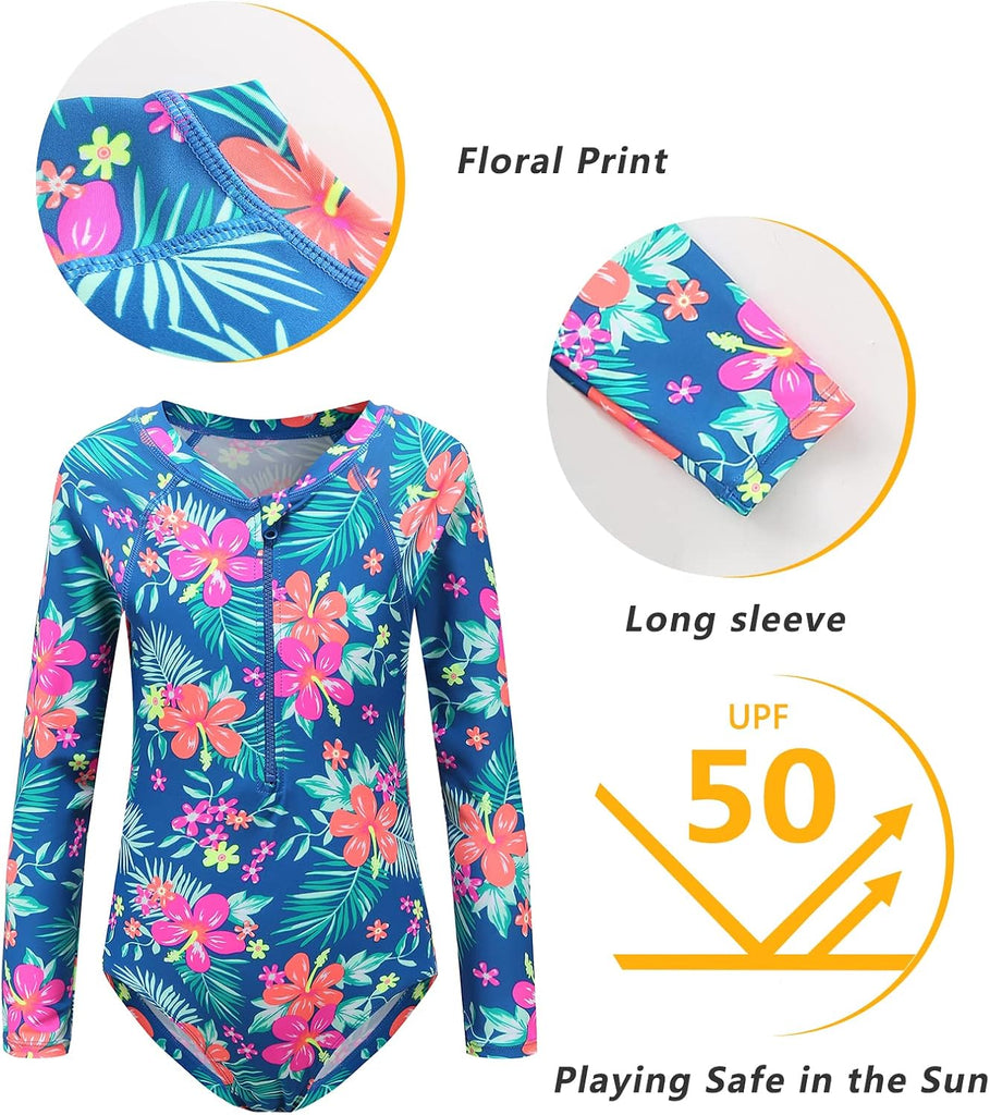 Girls Long Sleeve Rash Guard One Piece Swimsuit Kids UPF 50+ Sun Protection Swimwear Rainbow Striped Bathing Suit