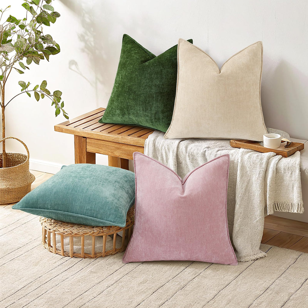 Chenille Beige Velvet Throw Pillow Covers 24x24 Set of 2