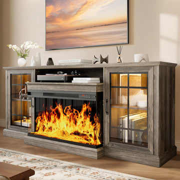 80" Fireplace TV Stand with 3-Sided Glass, TV Cabinet for TVs up to 85", 80" Modern Media Entertainment Center with