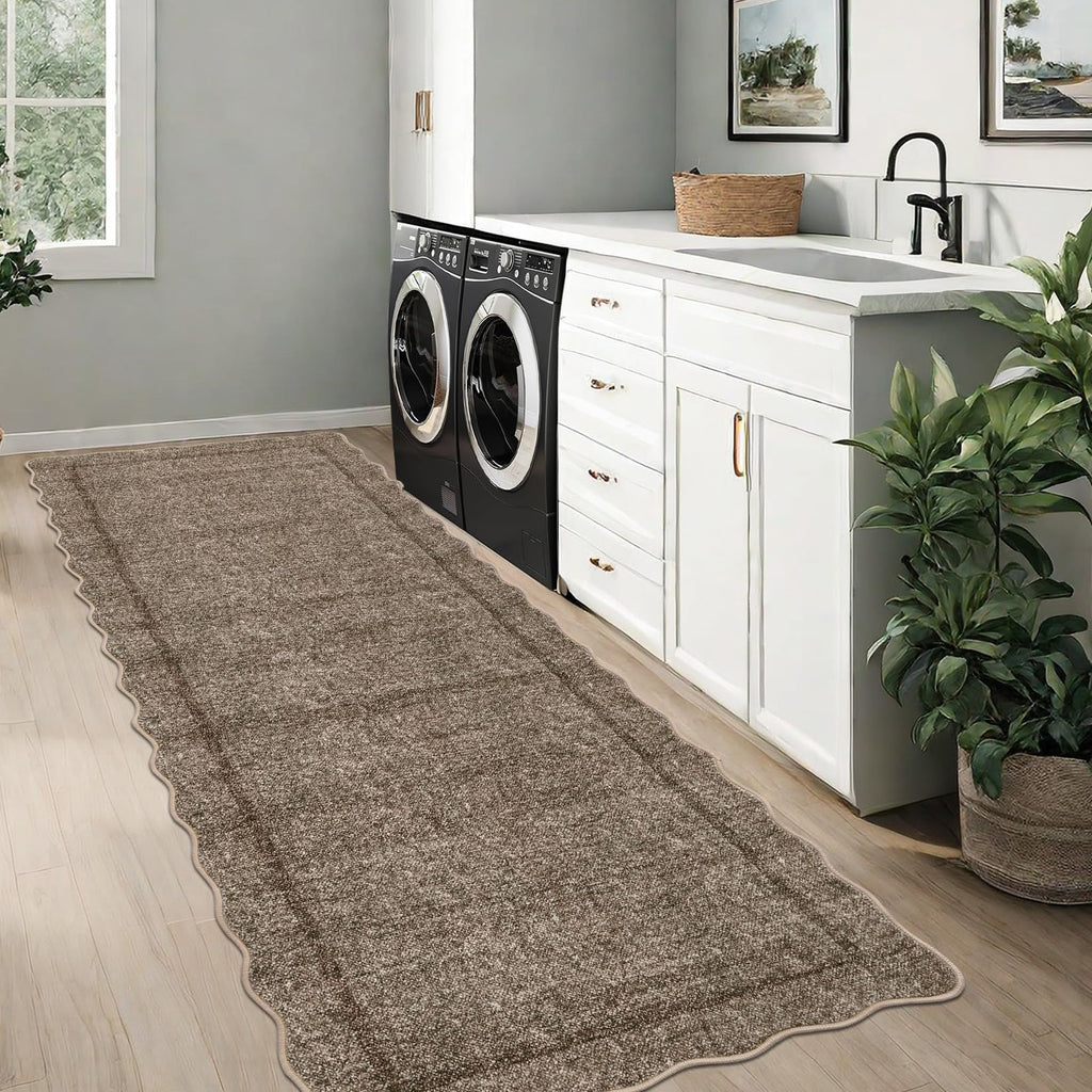 Scalloped Washable Runner Rug 2x10 Kitchen Runner Non Slip Taupe