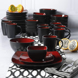 Soho Lounge Square Reactive Glaze Stoneware Dinnerware Set, Service for 8 (40pc), Red/Black