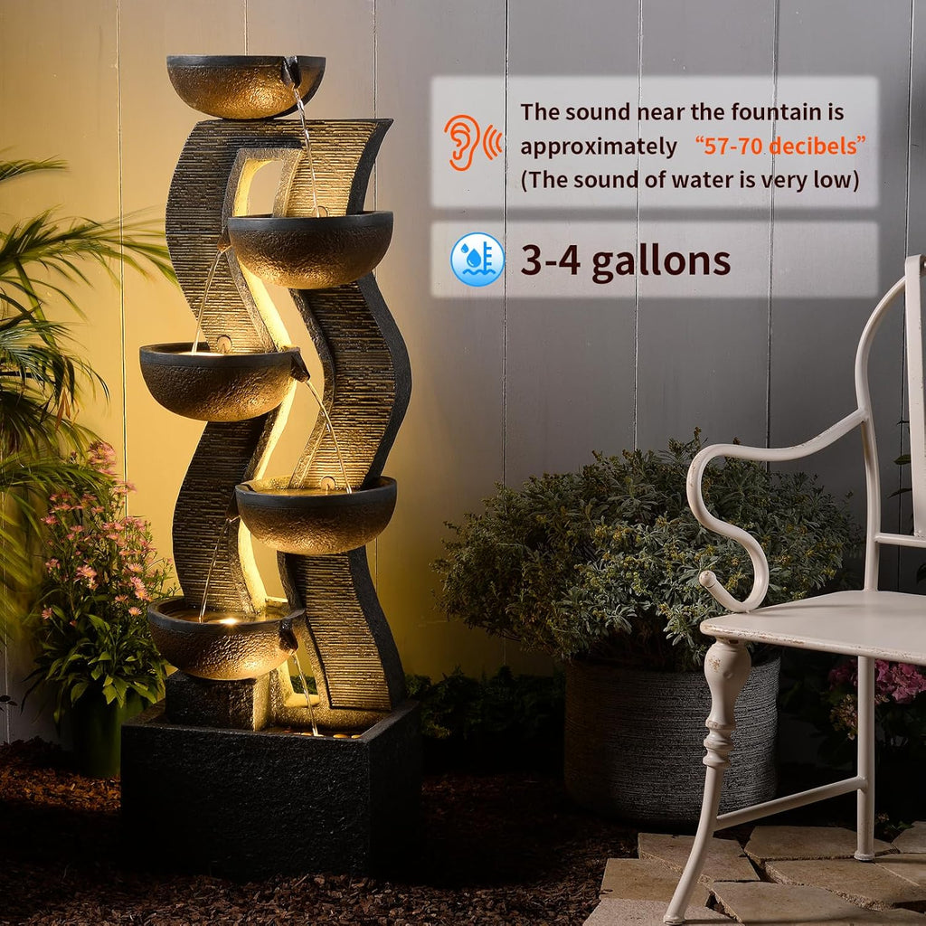 52.8" Tall Outdoor Water Fountain with Lights, 6-Tier Cascading Resin Waterfall Feature