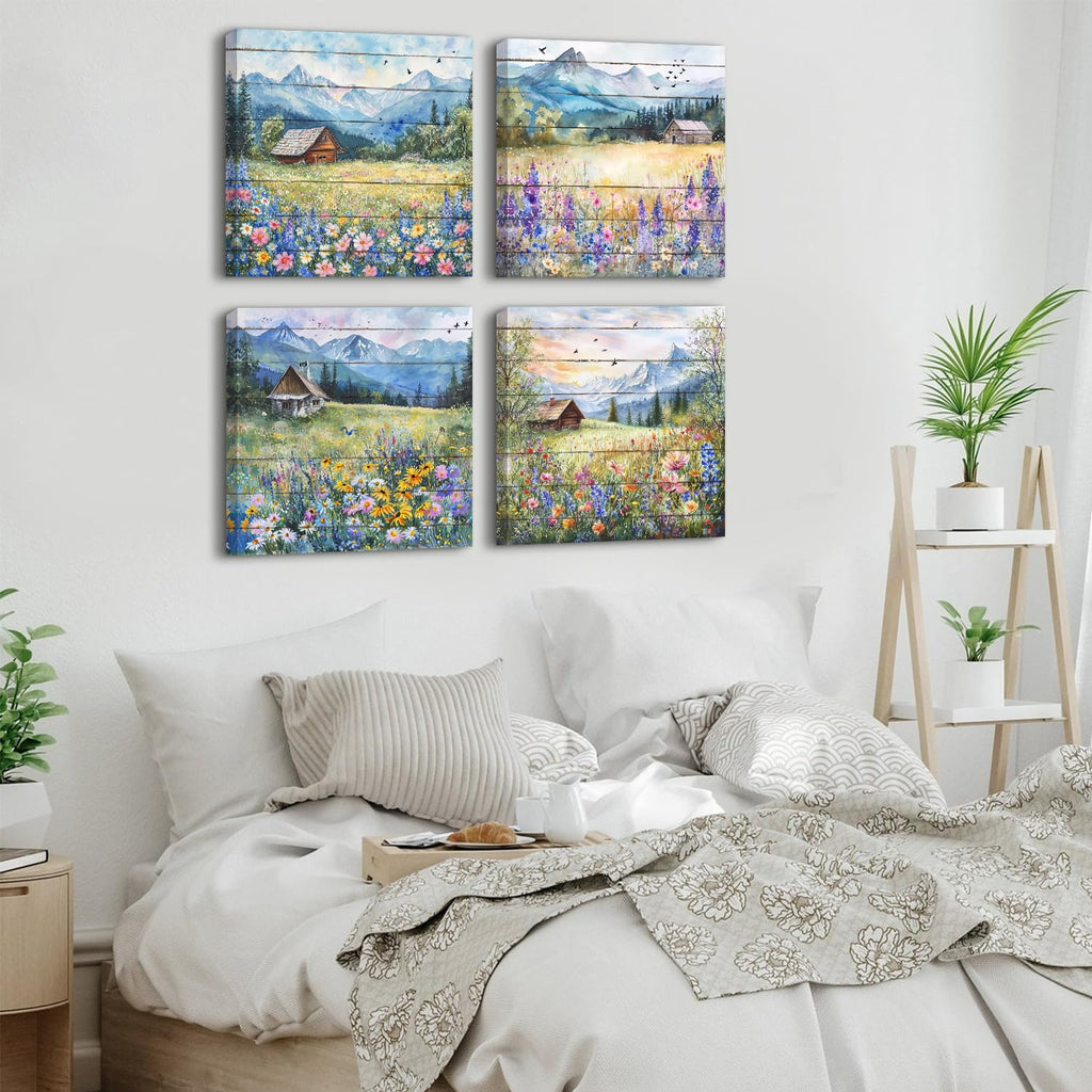 Colorful Wildflower Wall Art Farmhouse Floral Scenery Pictures Rustic Flower Landscape Canvas Painting Mountain
