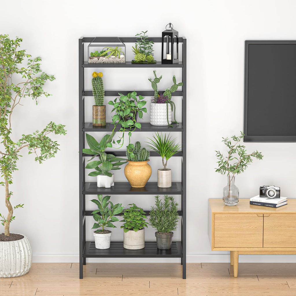 Black Ladder Shelf, 4-Tier Bamboo Bookshelf & Bookcase Organizer