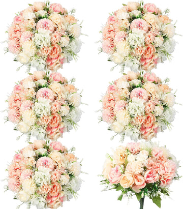 Bundles Artificial Flowers Bouquet Silk Peonies, White,Pink - Set of 6