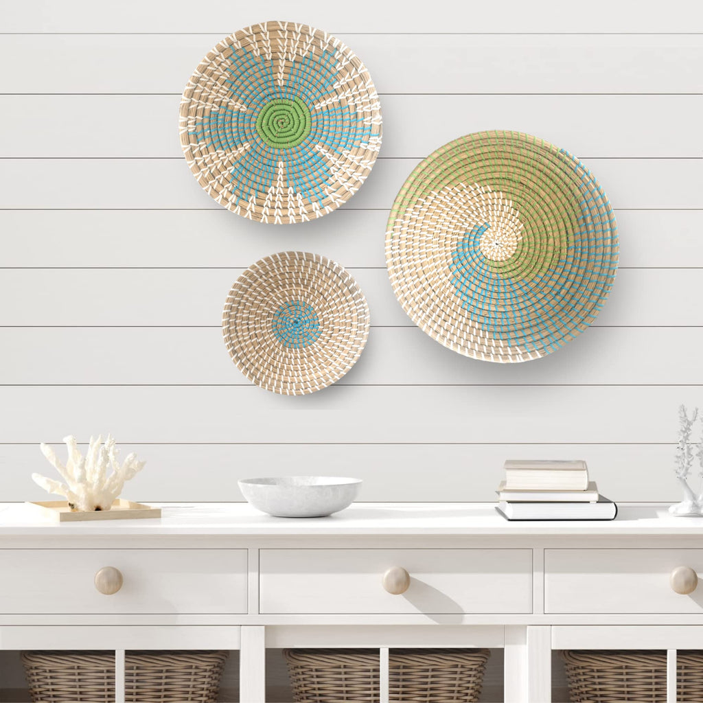 Wall Basket Decor - Wicker Coastal Baskets Hanging Woven Boho Beach Rattan Seagrass Set of 3 Beige Teal Blue and