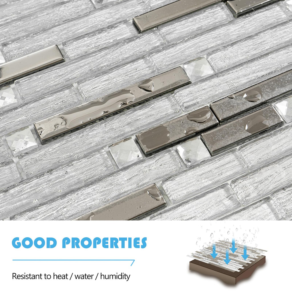 White Silver Glass Mosaic Tile 12x12 Waterproof Kitchen & Vanity Wall 5Sh