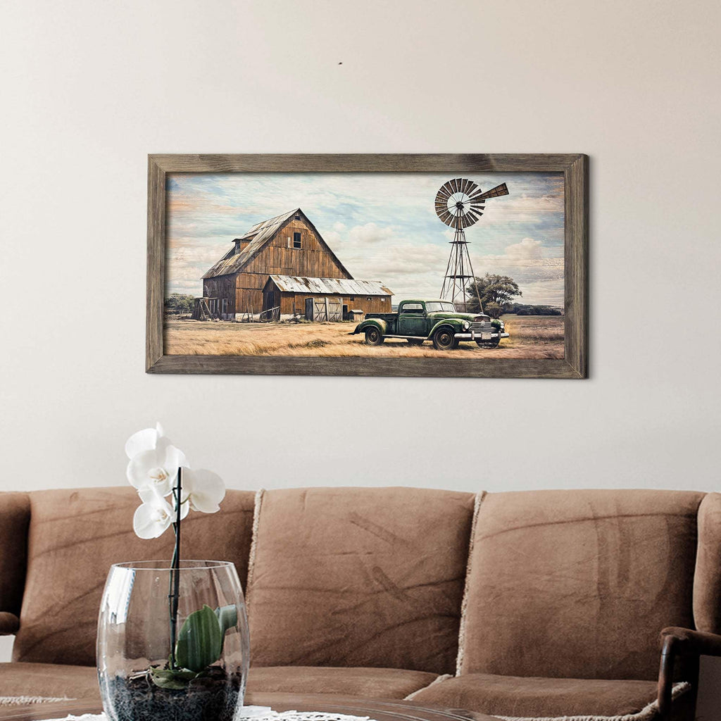 Rustic Farm Barn Wood Artwork: Large Framed Vintage Car Country Farmhouse Prints Wall Art Retro Truck Countryside
