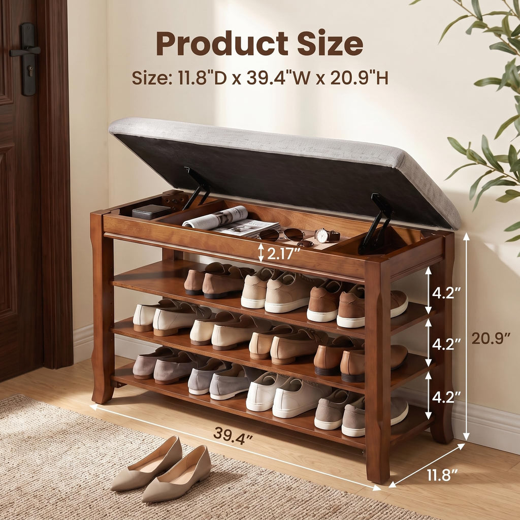 SolidWood Entryway Shoe Rack Storage Bench, Flip-Top Soft-Close Lid, 39.4''