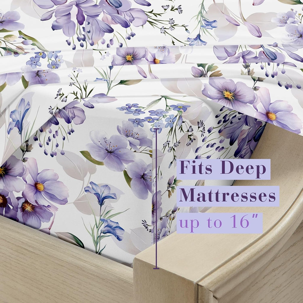 King Sheets Set, Luxury 1800TC Hotel Quality Double Brushed Microfiber Floral Bed Sheets for King Bed, Ultra Soft