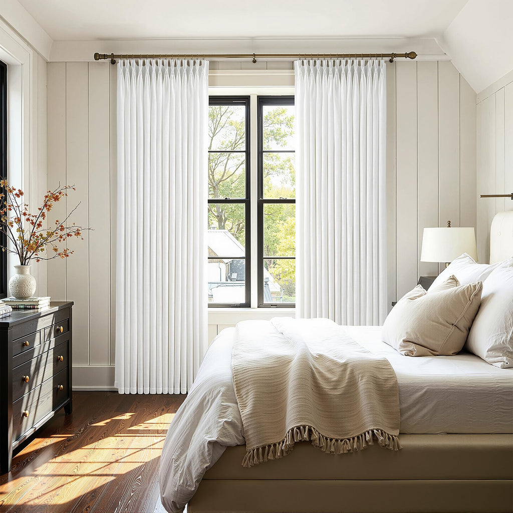 Beige White Triple Pinch Pleated Curtains 90 Inch 2 Panels Bedroom Memory Shape Trained Pleated Linen Drapes Ivory
