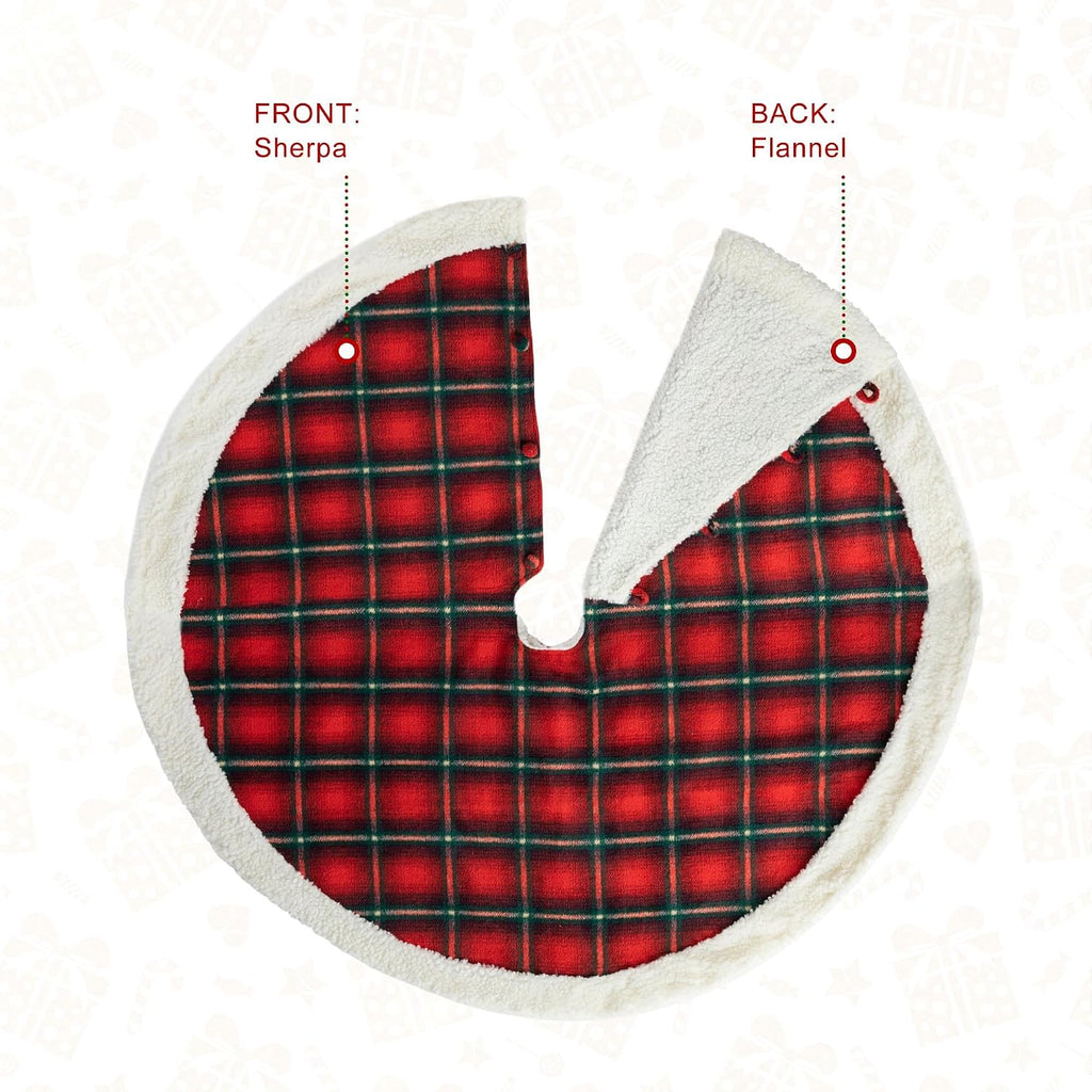 60 Inch Reversible Faux Fur Christmas Tree Skirt, Red Black Plaid Sherpa & Flannel Double-Sided for Christmas Party