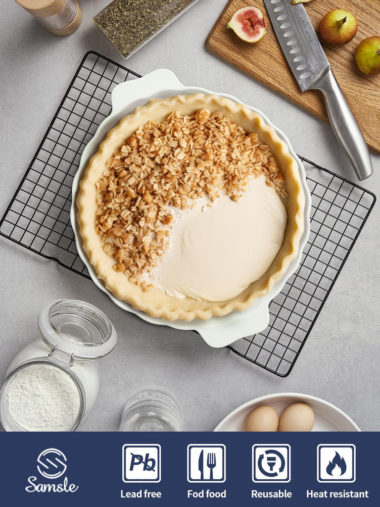 Ceramic Pie Pan, 13 Inch Round Baking Dish with Handles, White