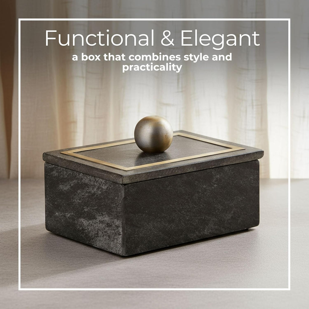 Decorative Rectangular Box with Knob - Marble & Metal Modern Decorative Box Decor - Jewelry, Keepsakes, Accent Table