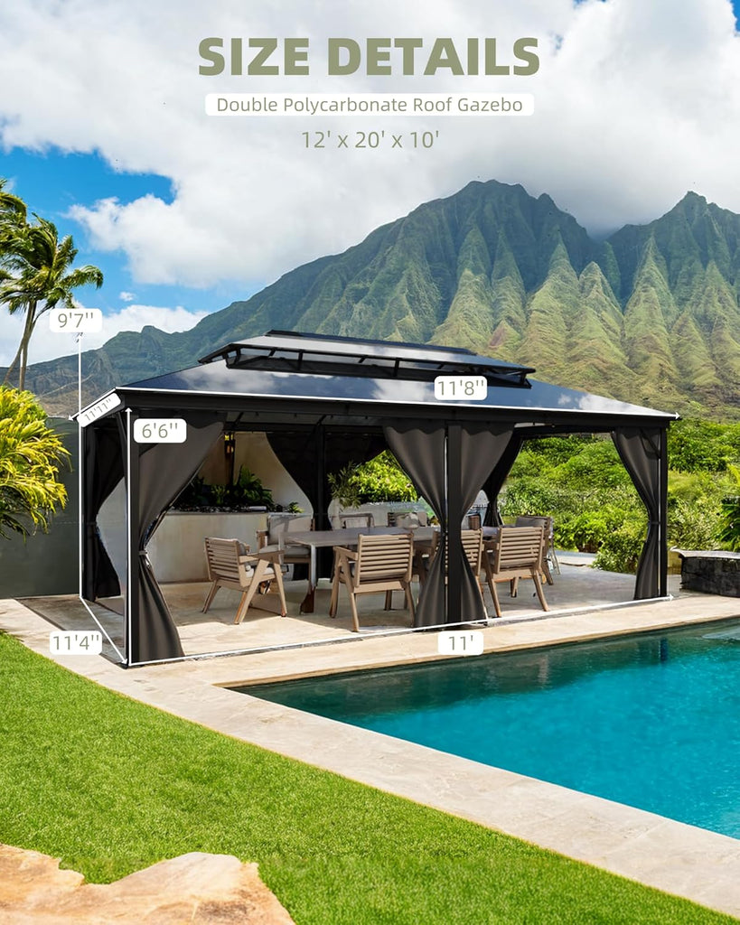 GarveeLife Hardtop Gazebo 12 ft x20 ft for All Weather, Double Polycarbonate Sheets Roof, Aluminum Alloy Frame, Net