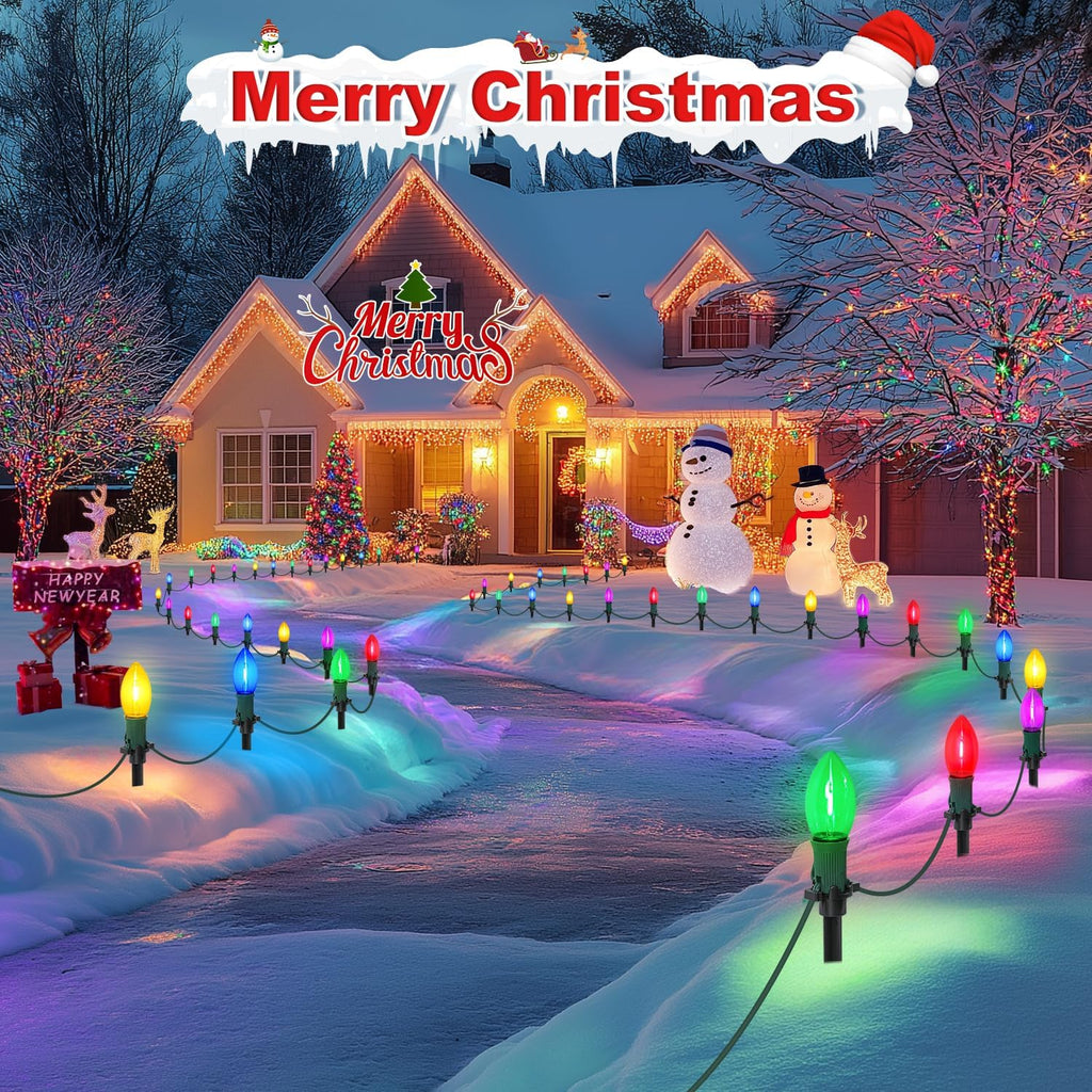 45Ft C9 Led Christmas Pathway Lights Outdoor, 30 Multicolor Bulbs Waterproof Connectable Christmas Walkway Lights for