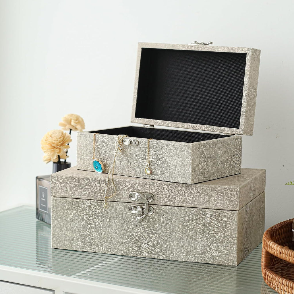 Faux Shagreen Leather Decorative Storage Boxes, Ivory - Set of 2