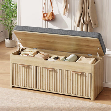 43.5" W Shoe Bench with Storage, Lift Top Entryway Bench, Natural