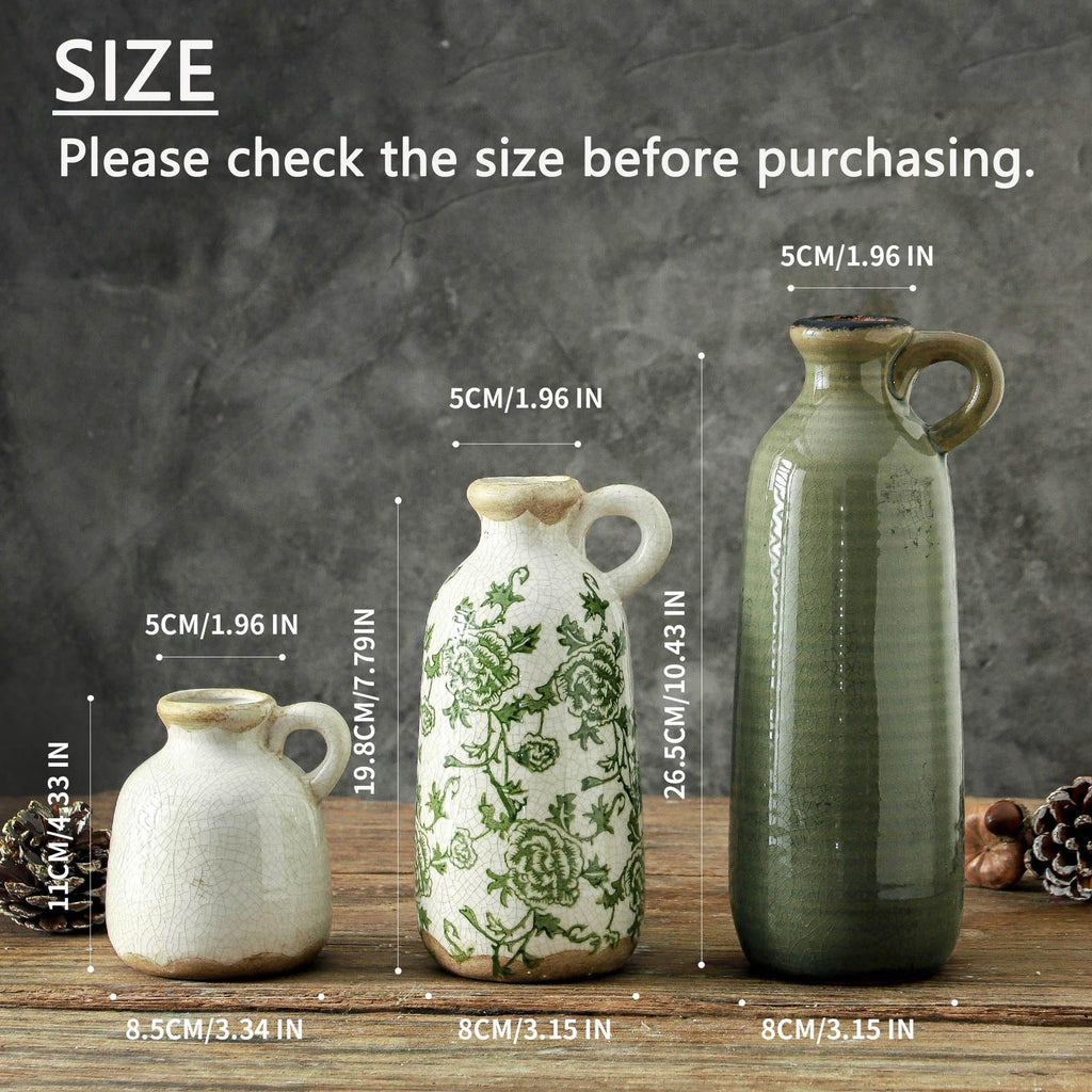 Vintage Vase Set of 3 with Handle, Ceramic Vintage Rustic Vases Home Decor Farmhouse Decorative Vase Pottery Decor