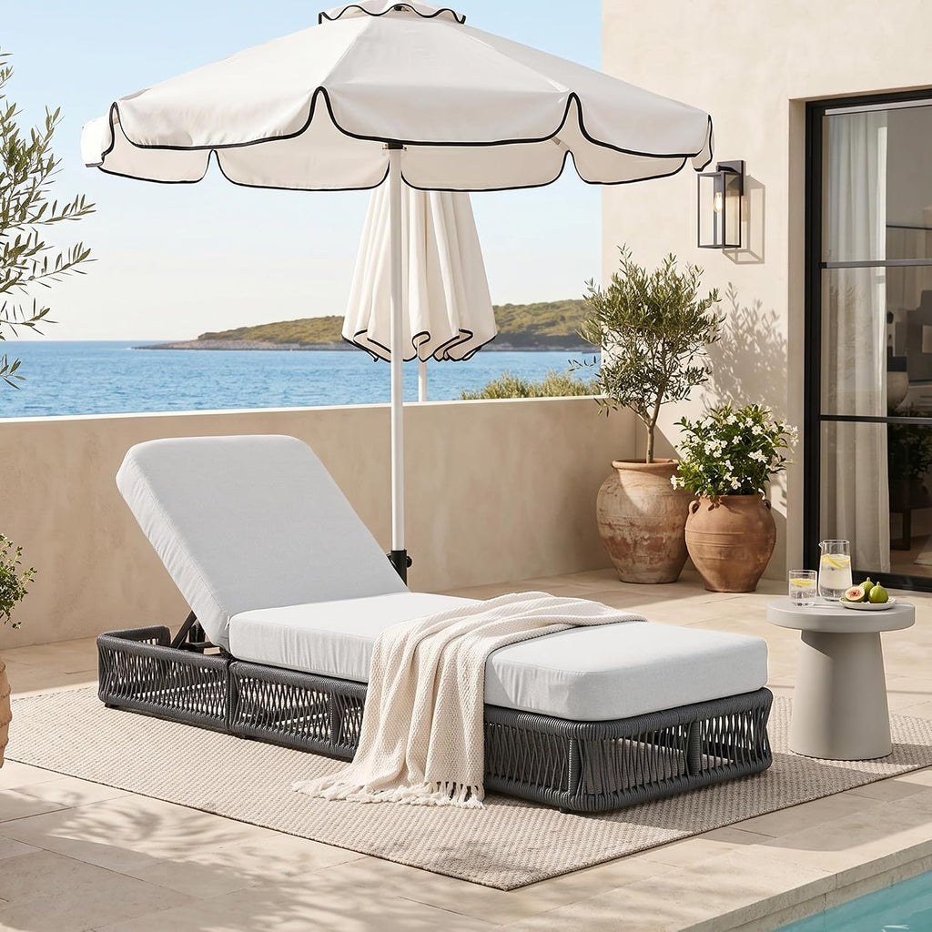 Outdoor Chaise Lounge Chair, Adjustable Backrest Patio Recliner, Woven Wicker Rope Reclining Pool Lounge Chair