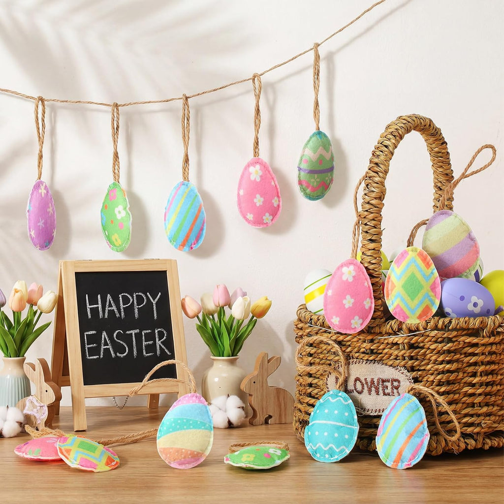 Felt Easter Egg Tree Ornaments 3D Hanging Egg Decoration for Tree with Flower Colorful Stripes Felt Easter - Set of 20