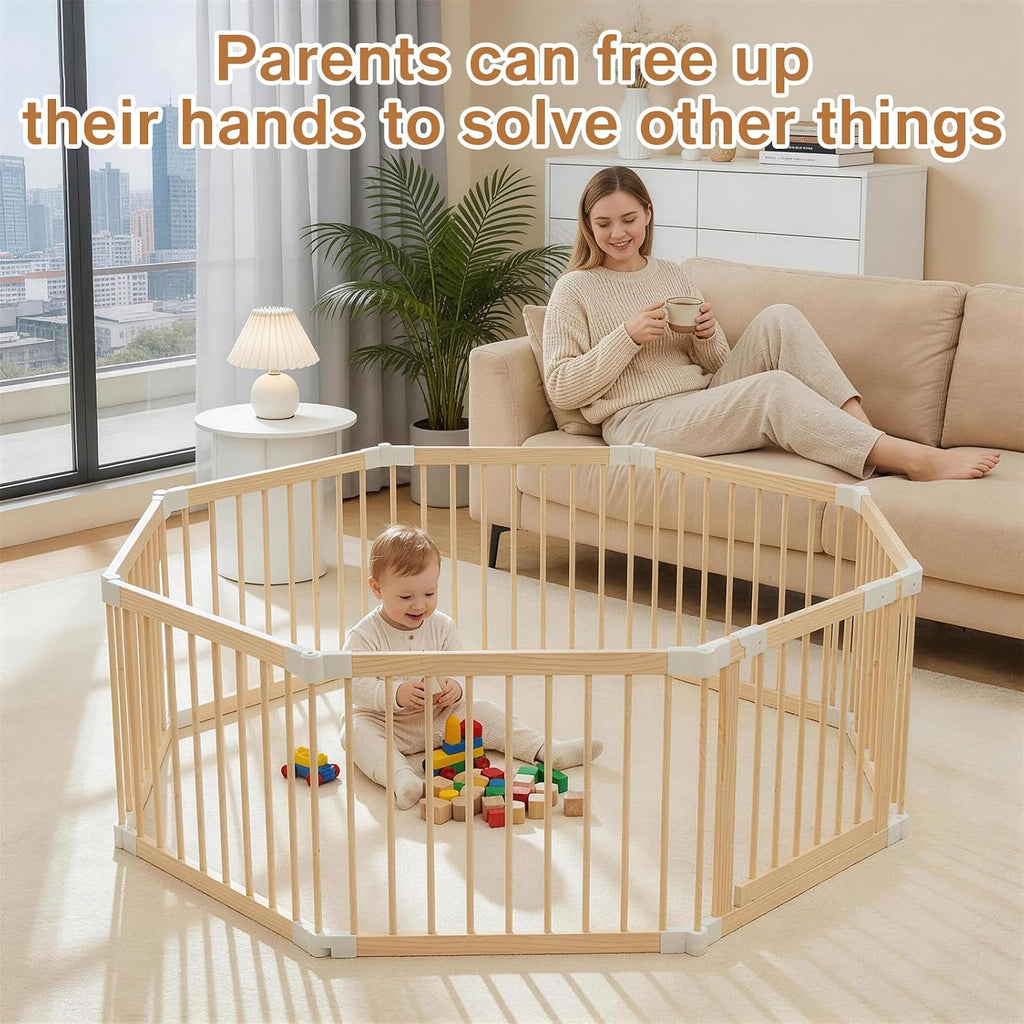 Baby Playpen, Wooden Play Yard with Gate, Playpen for Babies and Toddlers, Baby Activity Center with Child-Proof