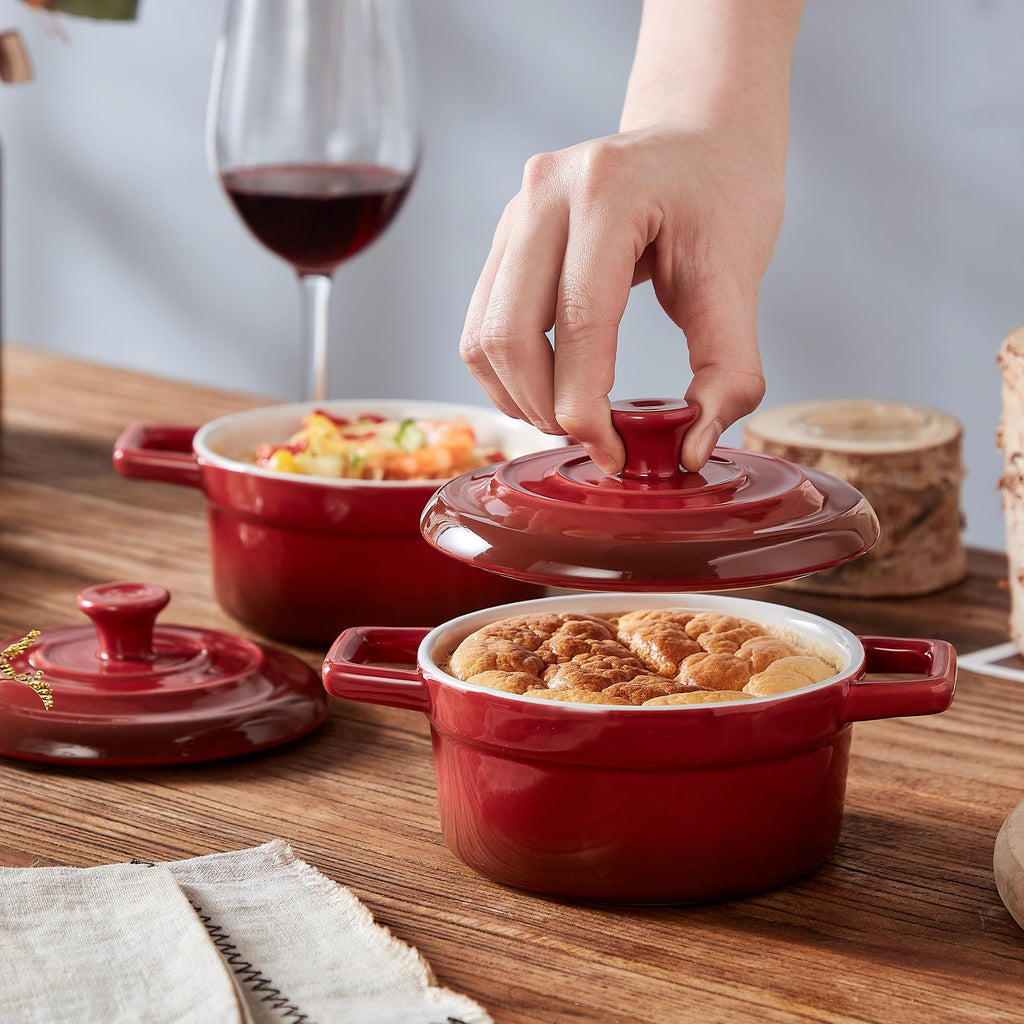 Mini Cocotte 12oz Ceramic Casserole Dish Set with Lid, Red