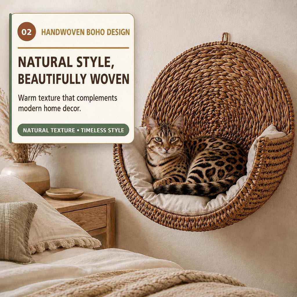 Handwoven Hanging Cat Bed, Space-Saving Wall Mount for Indoor Cats, 1pc