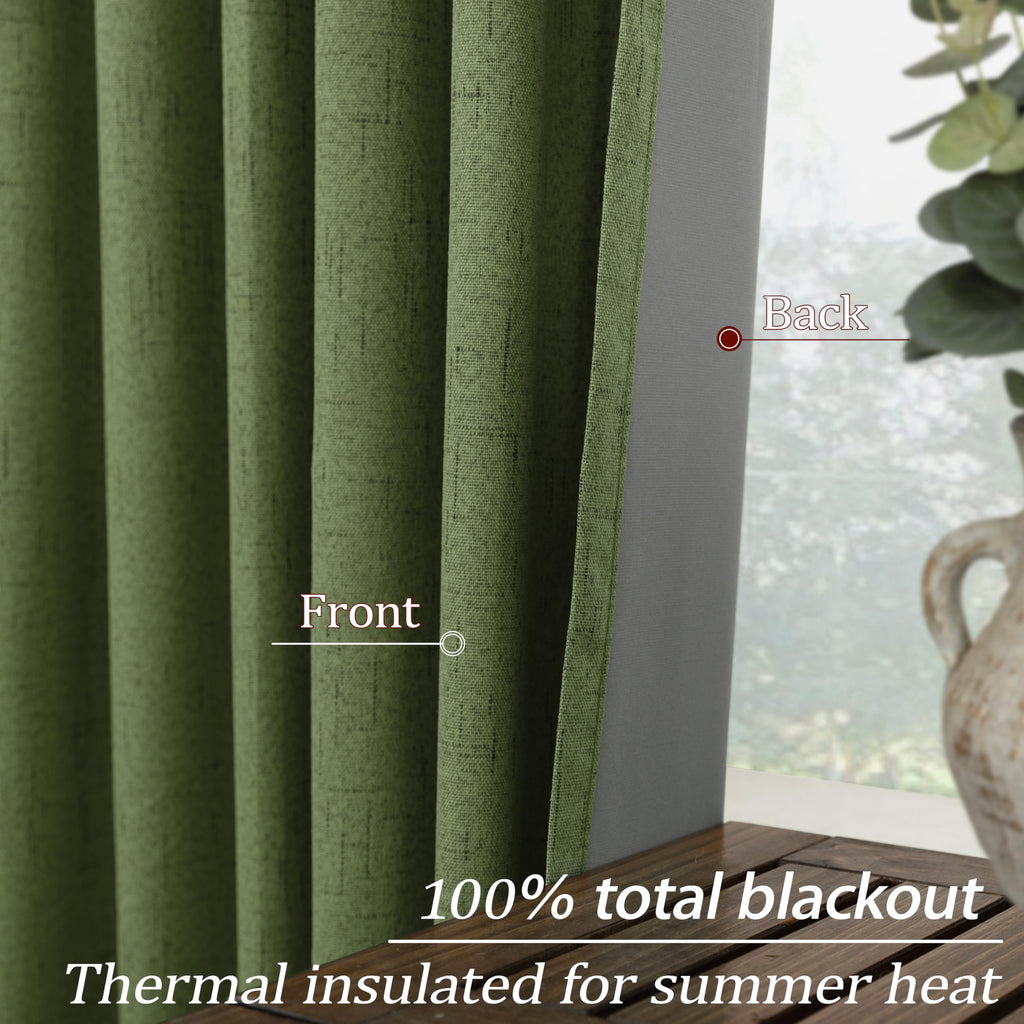 108 Inch Long Olive Green Linen Boho Back Tab Blackout Curtains Living Room 2 Panels Set