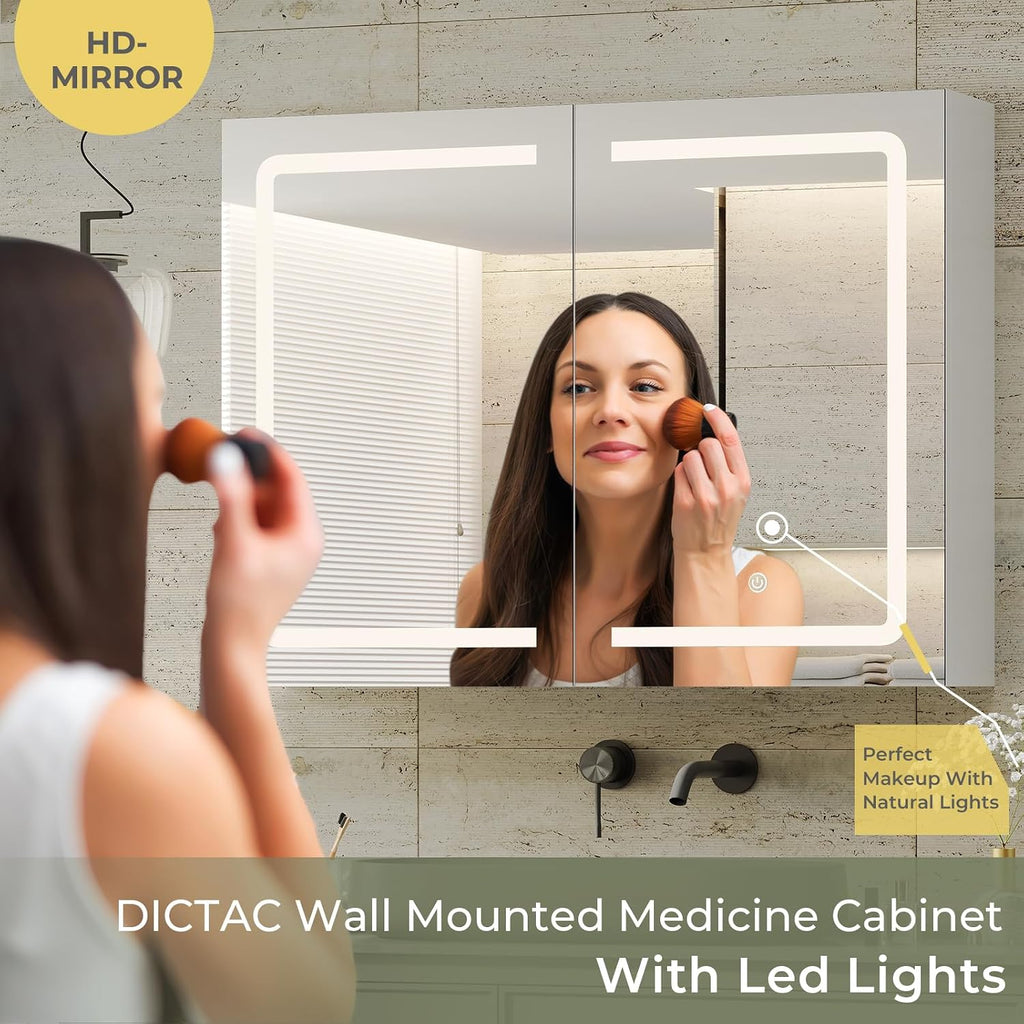 Medicine Cabinet with Mirrors and Storage 31.5''x23.6'' Wall Mounted Bathroom Mirror Cabinets with Led Lights Double