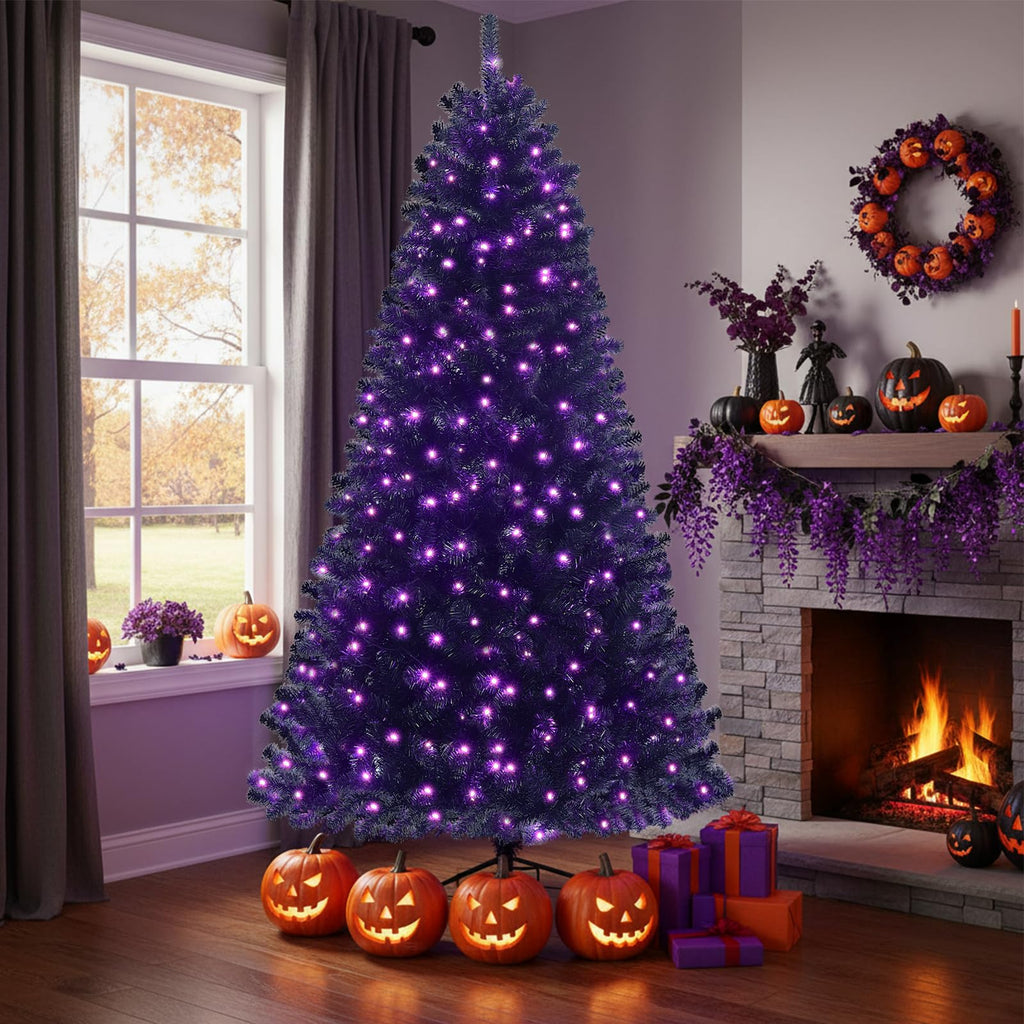 6FT Black Christmas Tree Prelit - Artificial Halloween Tree with 300 LED Purple Lights & 810 PVC Branch Tips, Holiday