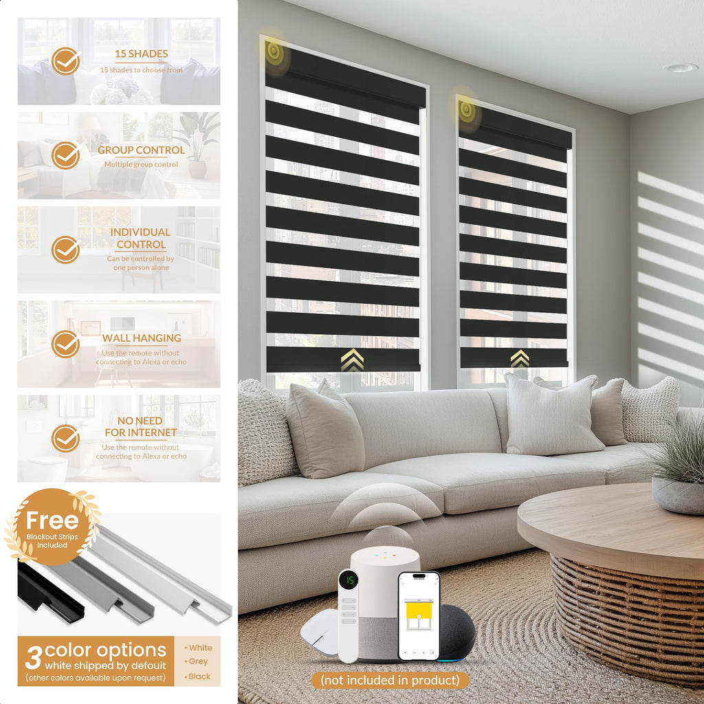 Motorized Zebra Blinds with Remote, APP, Voice Control - 95% Blackout Black