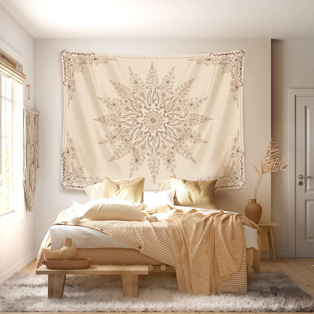 Floral Tapestry Wall Hanging Cute, Boho Wall Tapestry Aesthetic, Mandala Living Room Decor for Teen Girls (Flaxen