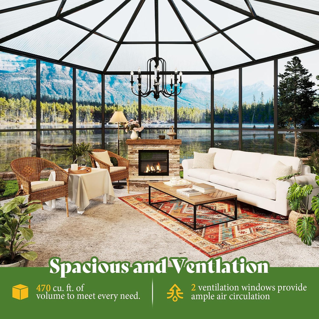 12 x 10 x 8 FT Hexagonal Outdoor Greenhouse | Aluminum Frame with Quick-Connectors, 2 Swing Doors and 2 Vents