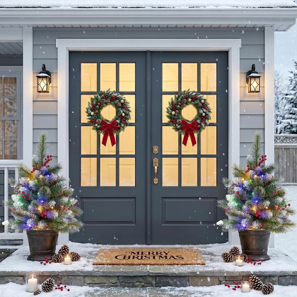 Set of 2 25.6 Inch Pre-lit Outdoor Christmas Tree with LED Lights, 8 Modes & Timer, Battery Operated Christmas Tree