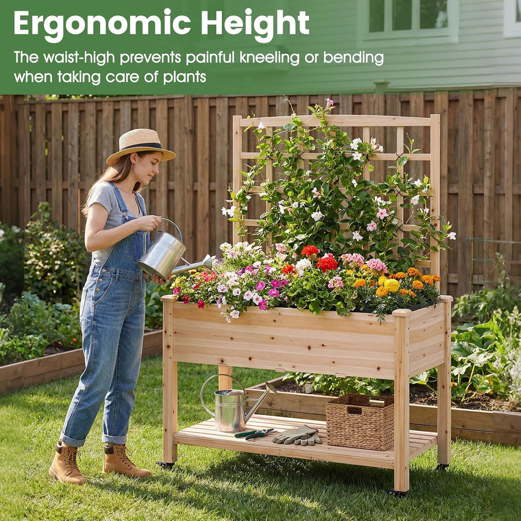 65'' Wooden Raised Garden Bed w/Trellis on Wheels, Mobile Elevated Planter Box w/Legs, Liner & Drainage Holes for